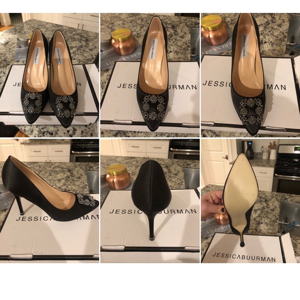 Black Satin Diamond Broach Pumps